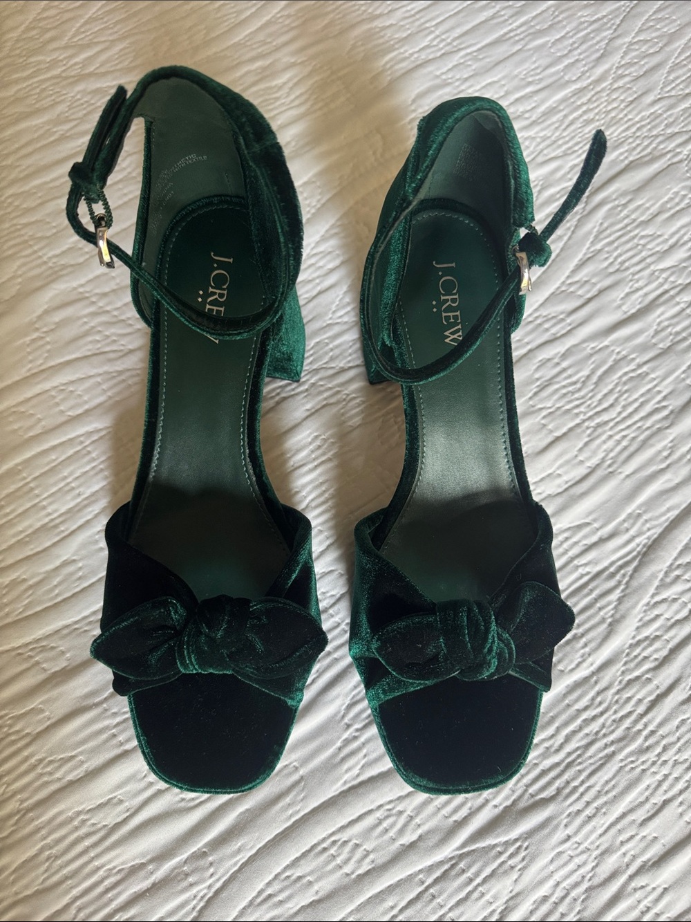 J. Crew Emerald Green Velvet Knot Ankle-Strap Heels